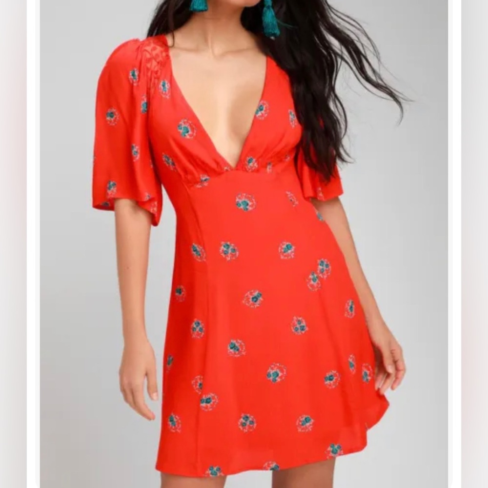 Free People Red Mini Dress with Blue Floral Accents